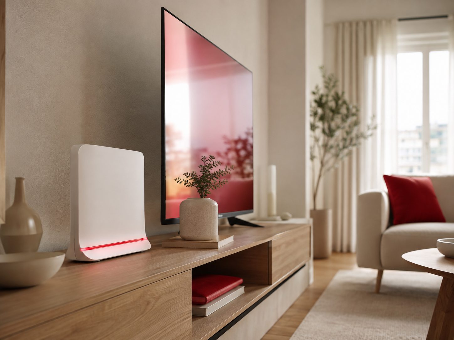 Sala de estar moderna com router de fibra e televisão